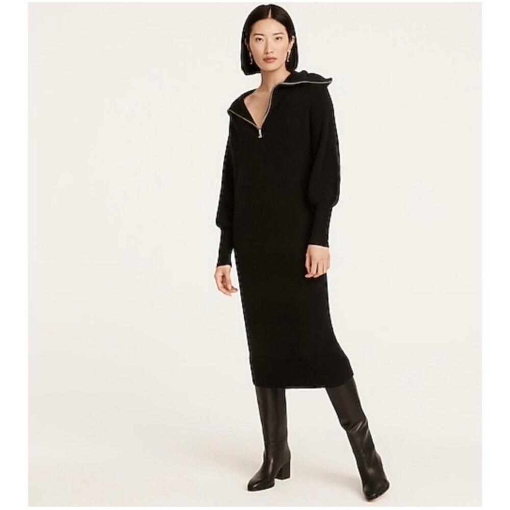 J Crew Womens Small Sweater Dress Black Midi With Shawl Collar BC496 Wool Alpaca